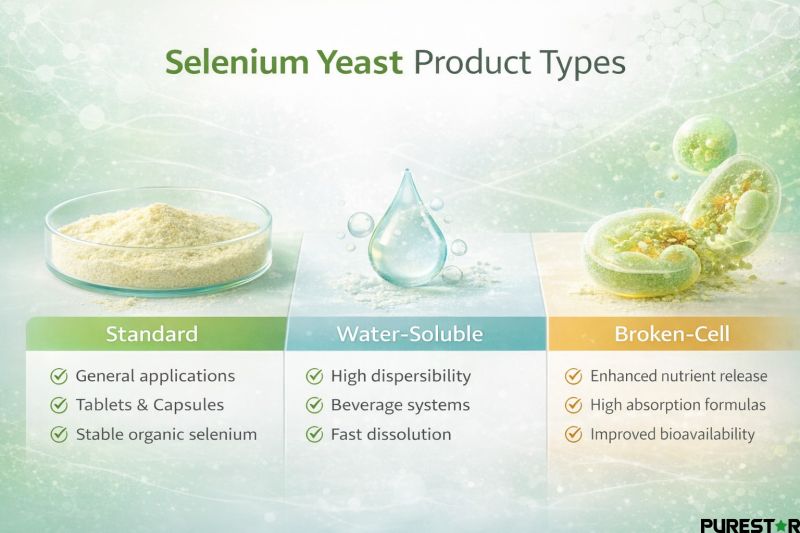 Comparison of Standard, Water-Soluble and Broken-Cell Selenium Yeast product types infographic