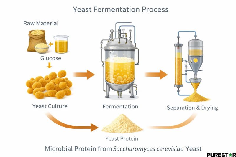 Yeast fermentation process diagram illustrating microbial protein production from Saccharomyces cerevisiae
