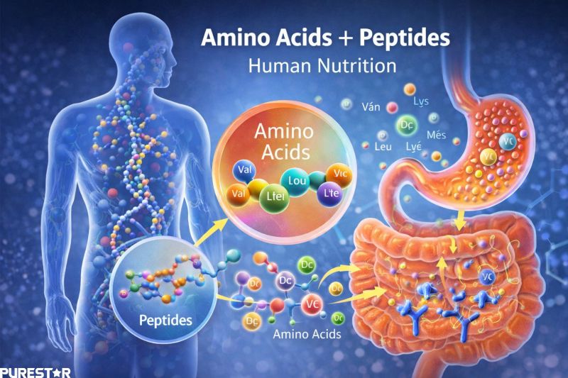 Infographic illustration showing amino acids and peptides supporting human nutrition, highlighting the nutritional characteristics and protein hydrolysate properties of yeast peptides.
