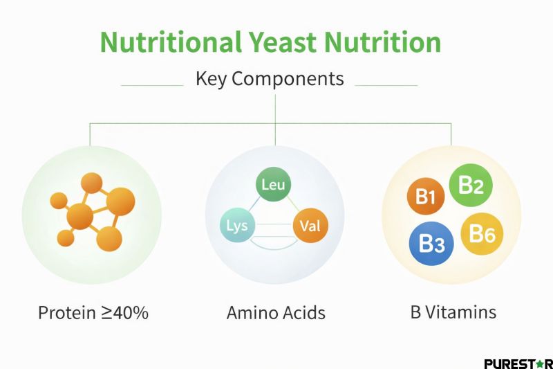 Nutritional yeast nutrition infographic showing protein ≥40%, essential amino acids, and B vitamins composition for food ingredient applications