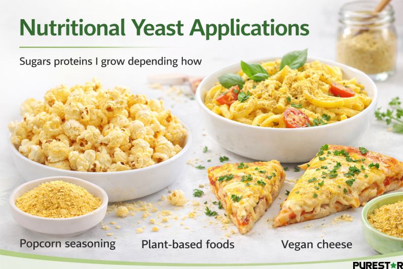 Nutritional yeast applications in food such as popcorn seasoning, plant-based foods, and vegan cheese formulations